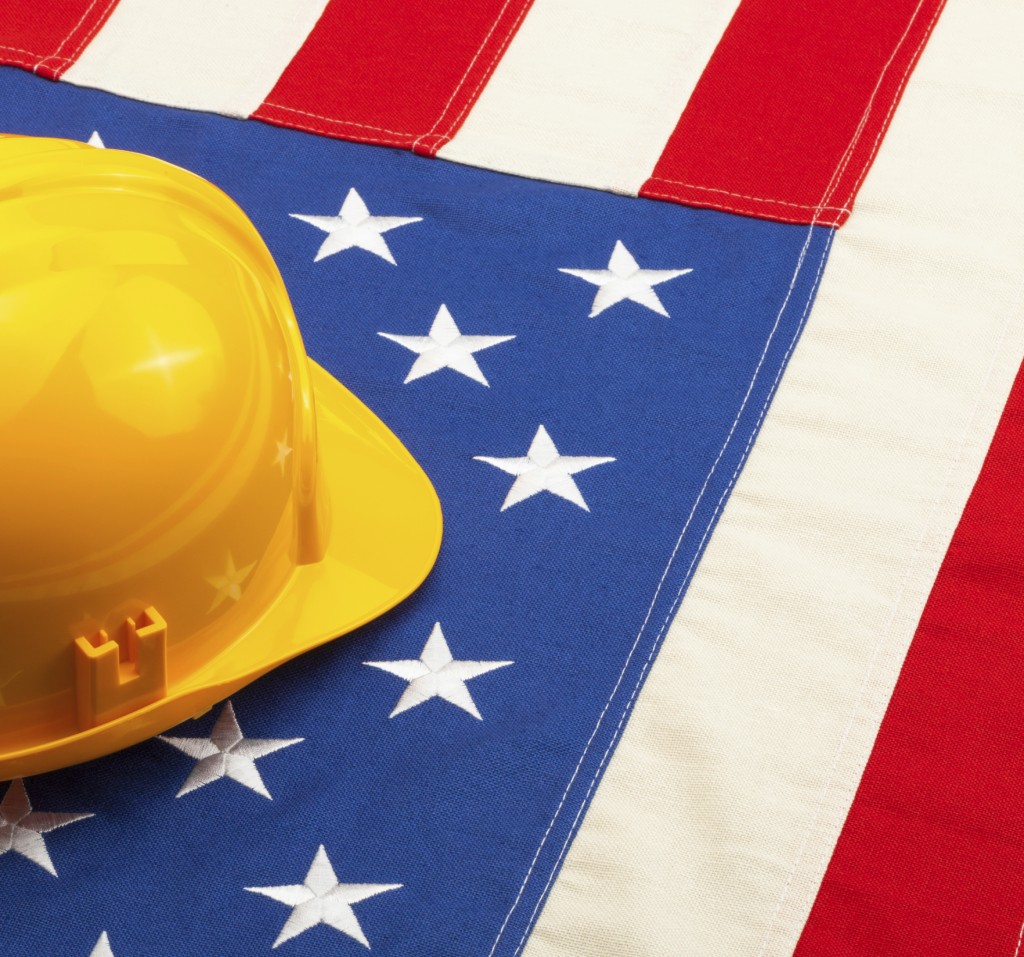 Protective helmet over USA flag - closeup shot - 1 to 1 ratio